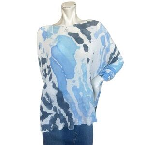 Alembika White & Blue Linen Blend Nautical Watercolor Boxy Sweater Size Small
